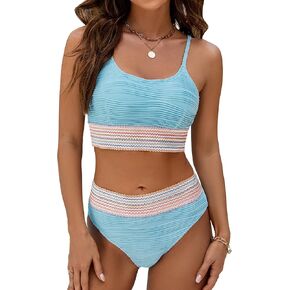 Blooming Jelly Women's High Waisted Bikini Sets Two Piece Swimsuit Scoop Neck Textured High Cut Bathing Suits