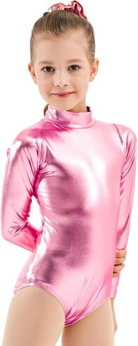 Javly Girls Metallic Unitard Toddler Sparkly Tumbling Gymnastics Dance Leotard Mock Neck Long Sleeve Zipper Back Bodysuit in Kuwait