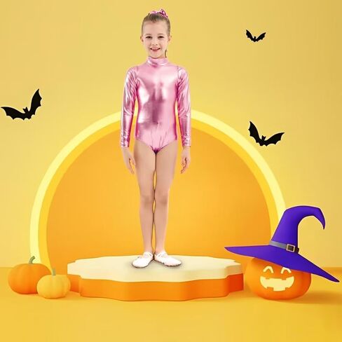 Javly Girls Metallic Unitard Toddler Sparkly Tumbling Gymnastics Dance Leotard Mock Neck Long Sleeve Zipper Back Bodysuit in Kuwait