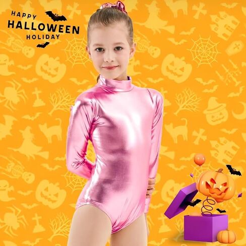 Javly Girls Metallic Unitard Toddler Sparkly Tumbling Gymnastics Dance Leotard Mock Neck Long Sleeve Zipper Back Bodysuit in Kuwait