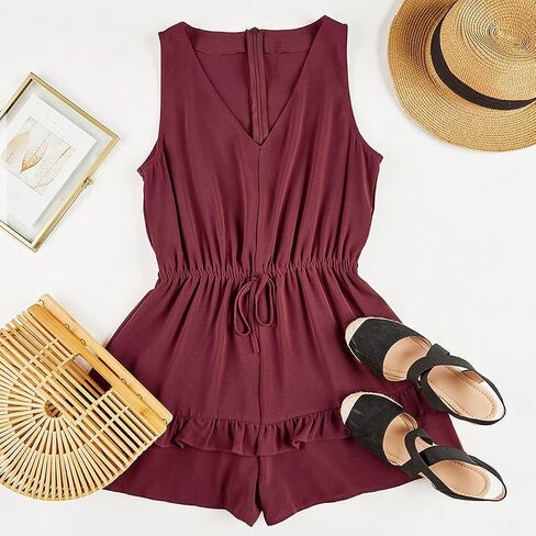 Valphsio Womens V Neck Beach Tank Rompers Flowy Ruffle Layered Shorts Jumpsuit High Waist in Saudi Arabia