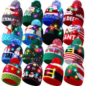 Suhine 16 Pcs LED Christmas Hat, Christmas LED Light up Knitted Beanie Hat Xmas Beanie Cap with Pompom Winter Knitted Hat in Saudi Arabia