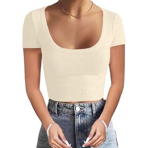 WAYMAKER Women's Casual Short Sleeve Square Neck Summer Tops Ribbed Knit Slim Fit Tee Shirts