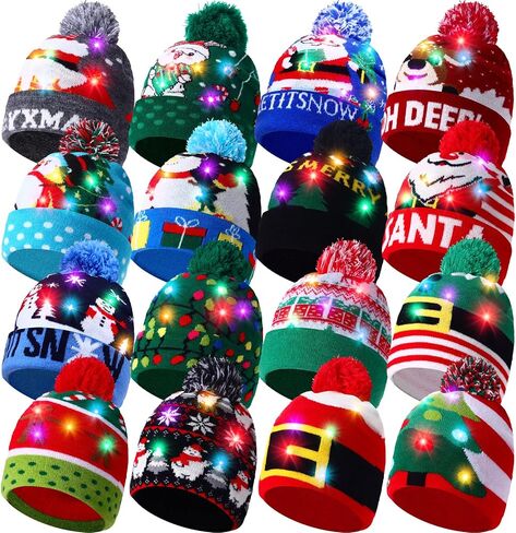 Suhine 16 Pcs LED Christmas Hat, Christmas LED Light up Knitted Beanie Hat Xmas Beanie Cap with Pompom Winter Knitted Hat in Saudi Arabia