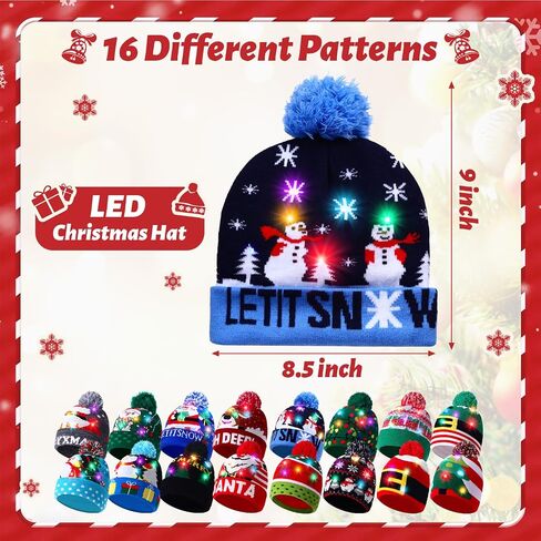 Suhine 16 Pcs LED Christmas Hat, Christmas LED Light up Knitted Beanie Hat Xmas Beanie Cap with Pompom Winter Knitted Hat in Saudi Arabia