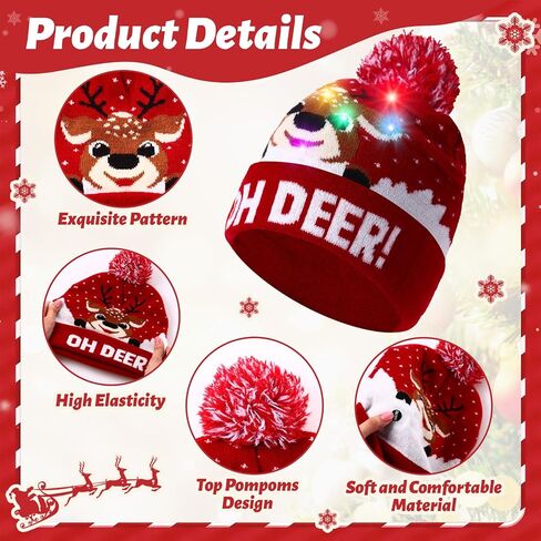 Suhine 16 Pcs LED Christmas Hat, Christmas LED Light up Knitted Beanie Hat Xmas Beanie Cap with Pompom Winter Knitted Hat in Saudi Arabia