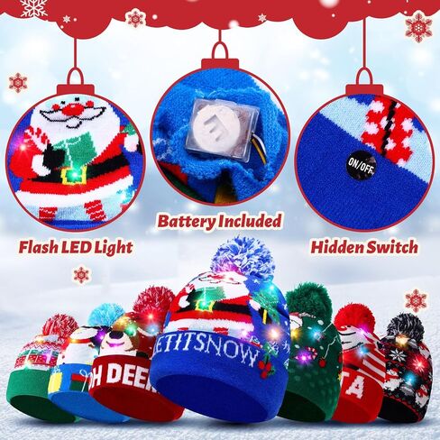 Suhine 16 Pcs LED Christmas Hat, Christmas LED Light up Knitted Beanie Hat Xmas Beanie Cap with Pompom Winter Knitted Hat in Saudi Arabia