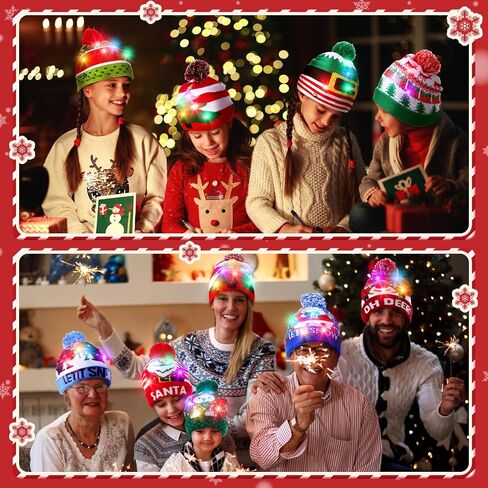 Suhine 16 Pcs LED Christmas Hat, Christmas LED Light up Knitted Beanie Hat Xmas Beanie Cap with Pompom Winter Knitted Hat in Saudi Arabia