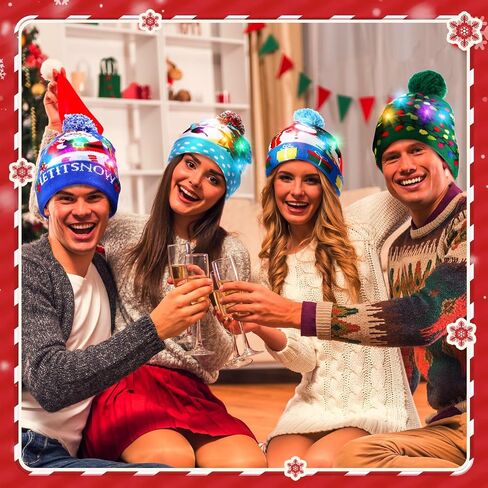 Suhine 16 Pcs LED Christmas Hat, Christmas LED Light up Knitted Beanie Hat Xmas Beanie Cap with Pompom Winter Knitted Hat in Saudi Arabia