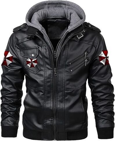 Umbrella Cosplay Men's Leather Jacket-Fall Resident Winter Vintage Motorcycle Biker Jacket with Removable Hood Costume,S-3XL in Kuwait