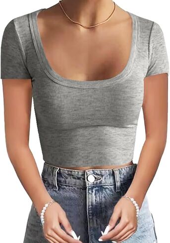 WAYMAKER Women's Casual Short Sleeve Square Neck Summer Tops Ribbed Knit Slim Fit Tee Shirts in Saudi Arabia