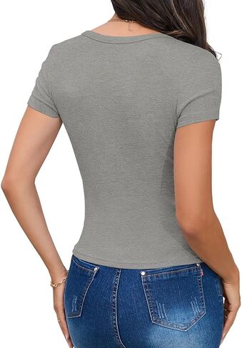 WAYMAKER Women's Casual Short Sleeve Square Neck Summer Tops Ribbed Knit Slim Fit Tee Shirts in Saudi Arabia