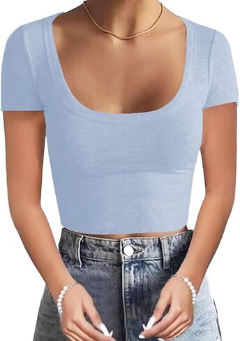WAYMAKER Women's Casual Short Sleeve Square Neck Summer Tops Ribbed Knit Slim Fit Tee Shirts in Saudi Arabia