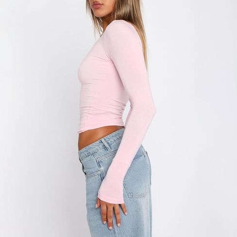 Pivanzore Women's Going Out Crop Tops Slim Fit Long Sleeve Crew Neck 2023 Casual Fall Tight Tee Shirt Basic Top Streetwear in Saudi Arabia