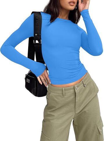 Pivanzore Women's Going Out Crop Tops Slim Fit Long Sleeve Crew Neck 2023 Casual Fall Tight Tee Shirt Basic Top Streetwear in Saudi Arabia