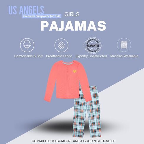 طقم بيجامات للفتيات من US Angels - مريح وناعم - بيجامات بناتي مقاس 10-12، مقاس pjs للفتيات 14-16، ملابس نوم للفتيات مقاس 7-8 in Kuwait