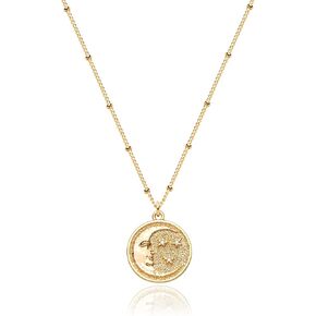 Valloey Rover Vintage Circle Coin Necklace for Women Gold Carved Chunky Pendant Necklace 14k Gold Plated Retro Textured Medallion Disc Pendant Necklace