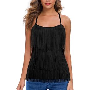 MANER Women’s Fringe Top Tassel Trim Cami Spaghetti Strap Tank Tops