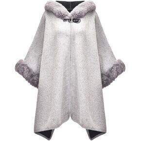 ZLYC Women Winter Fashion Faux Fur Trim Layers Hooded Cardigan Warm Cape Sweater Cloak