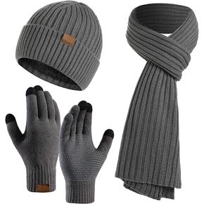 3PCS Winter Unisex Hat Scarf Gloves Set Warm Knit Beanie Hat Touchscreen Gloves Long Scarf Outfit for Men and Women