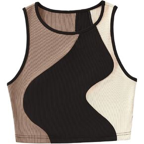 Verdusa Women's Color Block Round Neck Sleeveless Ribbed Crop Tank Top