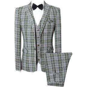 Mens Suit Slim Fit 3 Piece Plaid Checked Tuxedo Formal Business Wedding Suits for Men