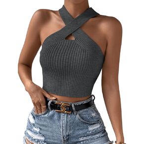SweatyRocks Women's Casual Criss Cross Halter Crop Top Ribbed Knit Fitting Tank Top