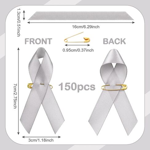 150 Pieces Gray Ribbon Satin Pins Brain Cancer Awareness Ribbon Parkinson's Diabetes Lung Adenocarcinoma Awareness Pins Gray Brooch with Safety Pins for Women Man Charity Public Social Event in Saudi Arabia