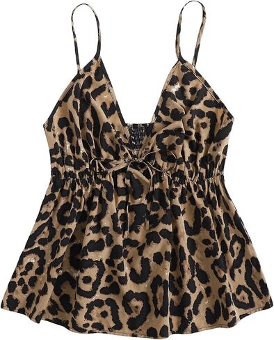SweatyRocks Women's Plus Dalmatian V Neck Camisole Shirred Knot Peplum Cami Top in Saudi Arabia