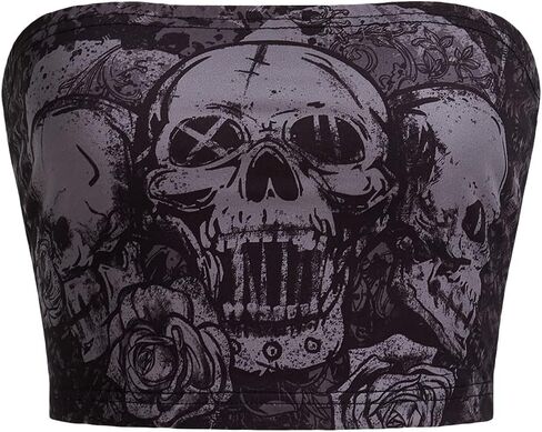 SOLY HUX Women's Skull Floral Print Tube Crop Top Sleeveless Strapless Bandeau Y2K Tops in Kuwait