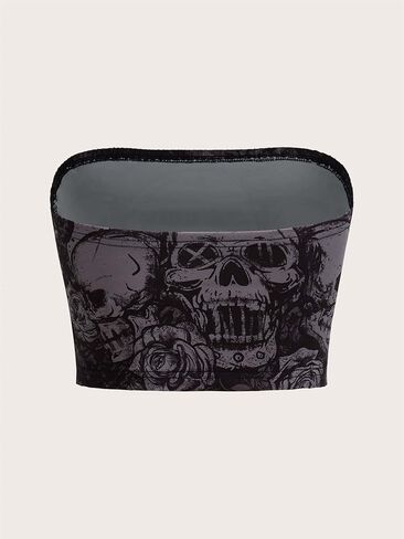 SOLY HUX Women's Skull Floral Print Tube Crop Top Sleeveless Strapless Bandeau Y2K Tops in Kuwait