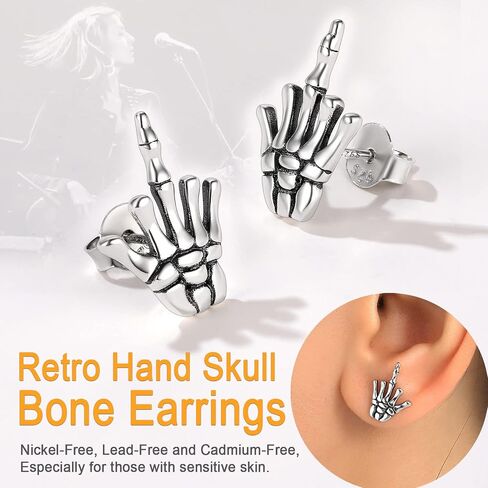SILVERCUTE Skull Stud Earrings, Men Womens Personalized Punk Gothic Earrings, Sterling Silver Bat/Fire/Skeleton/Skull Hand Earrings for Halloween Party, Hypoallergenic in Kuwait