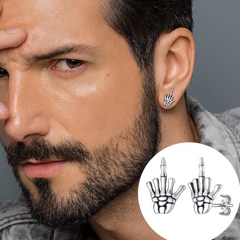 SILVERCUTE Skull Stud Earrings, Men Womens Personalized Punk Gothic Earrings, Sterling Silver Bat/Fire/Skeleton/Skull Hand Earrings for Halloween Party, Hypoallergenic in Kuwait