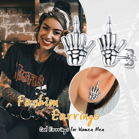 SILVERCUTE Skull Stud Earrings, Men Womens Personalized Punk Gothic Earrings, Sterling Silver Bat/Fire/Skeleton/Skull Hand Earrings for Halloween Party, Hypoallergenic in Kuwait