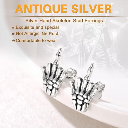 SILVERCUTE Skull Stud Earrings, Men Womens Personalized Punk Gothic Earrings, Sterling Silver Bat/Fire/Skeleton/Skull Hand Earrings for Halloween Party, Hypoallergenic in Kuwait
