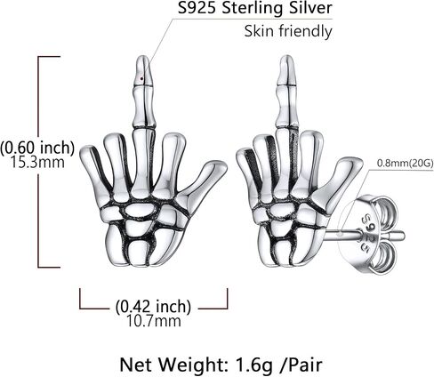 SILVERCUTE Skull Stud Earrings, Men Womens Personalized Punk Gothic Earrings, Sterling Silver Bat/Fire/Skeleton/Skull Hand Earrings for Halloween Party, Hypoallergenic in Kuwait