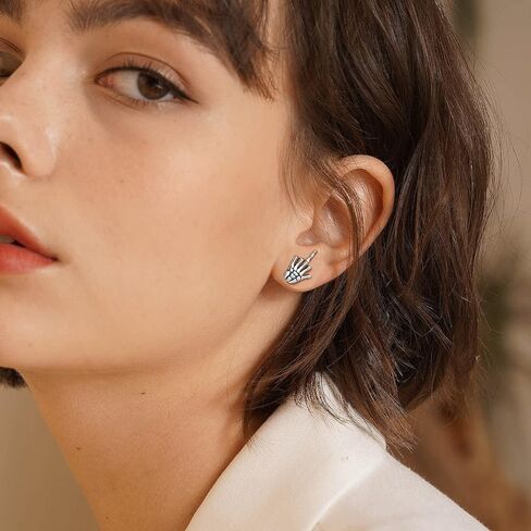 SILVERCUTE Skull Stud Earrings, Men Womens Personalized Punk Gothic Earrings, Sterling Silver Bat/Fire/Skeleton/Skull Hand Earrings for Halloween Party, Hypoallergenic in Kuwait