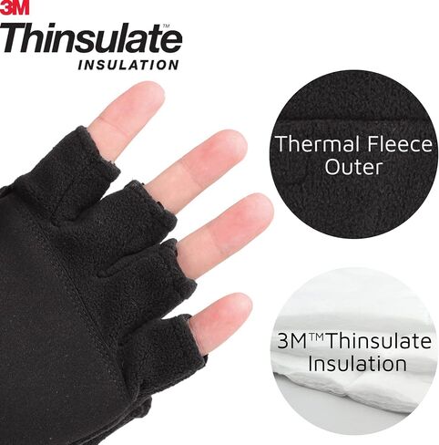 Mens Fleece Mitten Gloves 3M Thinsulate Thermal Convertible Mittens Cold Weather Half Finger Gloves in Kuwait