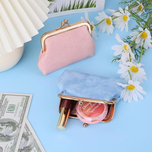 Oyachic 2 Packs Leather Coin Purse PU Car Change Holder Kiss lock Change Pouch with Clasp Vintage Wallets Small Money Bag For Men & Women (black+beige) in Kuwait