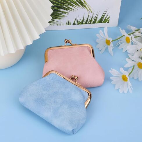 Oyachic 2 Packs Leather Coin Purse PU Car Change Holder Kiss lock Change Pouch with Clasp Vintage Wallets Small Money Bag For Men & Women (black+beige) in Kuwait