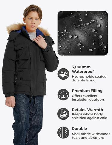 معطف الشتاء الدافئ للأولاد من Wantdo سترة منتفخة سميكة مقاومة للماء مع غطاء رأس من الفرو قابل للإزالة in Kuwait