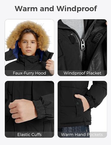 معطف الشتاء الدافئ للأولاد من Wantdo سترة منتفخة سميكة مقاومة للماء مع غطاء رأس من الفرو قابل للإزالة in Kuwait