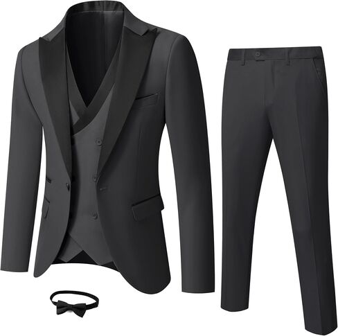 YND Men's 3 Piece Slim Fit Wedding Tuxedo Set, Peak Lapel One Button Suit Jacket, Double Breasted Vest Pants with Bow Tie in Kuwait
