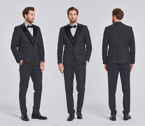 YND Men's 3 Piece Slim Fit Wedding Tuxedo Set, Peak Lapel One Button Suit Jacket, Double Breasted Vest Pants with Bow Tie in Kuwait