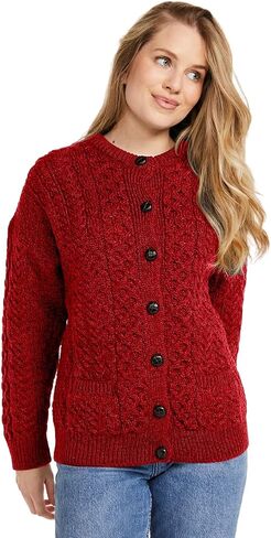 سترة Aran Woolen Mills Achill Island Aran كارديجان للنساء، 100% صوف ميرينو، سترة صوفية أيرلندية أصلية، صنع في أيرلندا in Kuwait