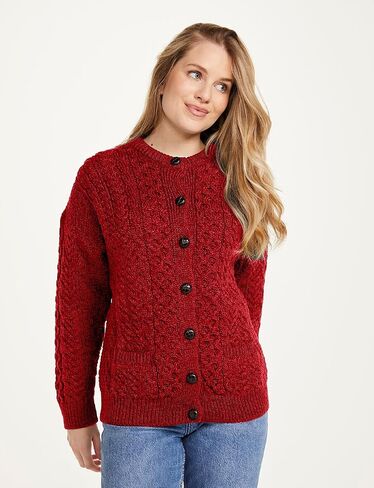 سترة Aran Woolen Mills Achill Island Aran كارديجان للنساء، 100% صوف ميرينو، سترة صوفية أيرلندية أصلية، صنع في أيرلندا in Kuwait