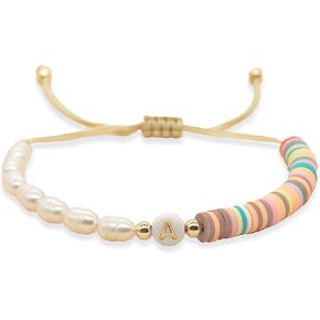 Agriajun Baroque Pearl Beaded Initial Adjustable Bracelets for Women Teen Girls, Cute Handmade Colorful Clay Beads Friendship Name Letter Bracelet Holiday Beach Jewelry Friend Gift