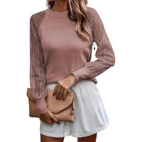 Dokotoo Womens Fall Crewneck Mesh Lace Long Sleeve Ribbed Knit Blouses Solid Color Pullover Tops
