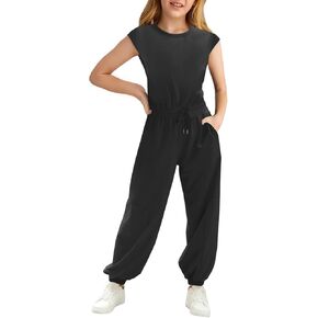 Haloumoning Girls Jumpsuits Kids Fashion Crewneck Elastic Waist Long Pants Rompers with Pockets 5-14 Years