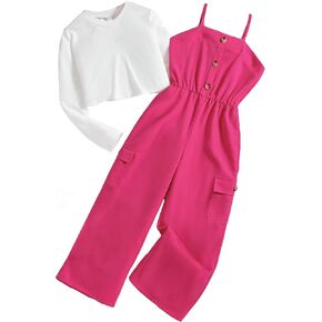 بدلة قفز Cozyease للفتيات مكونة من قطعتين بياقة دائرية وأكمام طويلة وجيب قلاب وأزرار أمامية مكشكشة in Kuwait